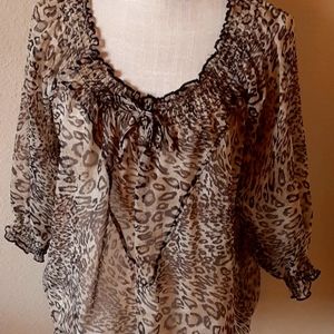 NESS Leopard Print Polyester Sheer Top
